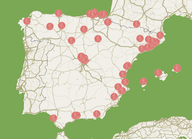 Mapa de la Península Ibérica con los puntos donde se localizan las participantes de la Red