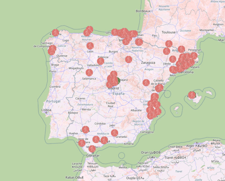 Mapa de España con los iconos que indican la ubicación de las miembros de la Red de Yoga Oncológico
